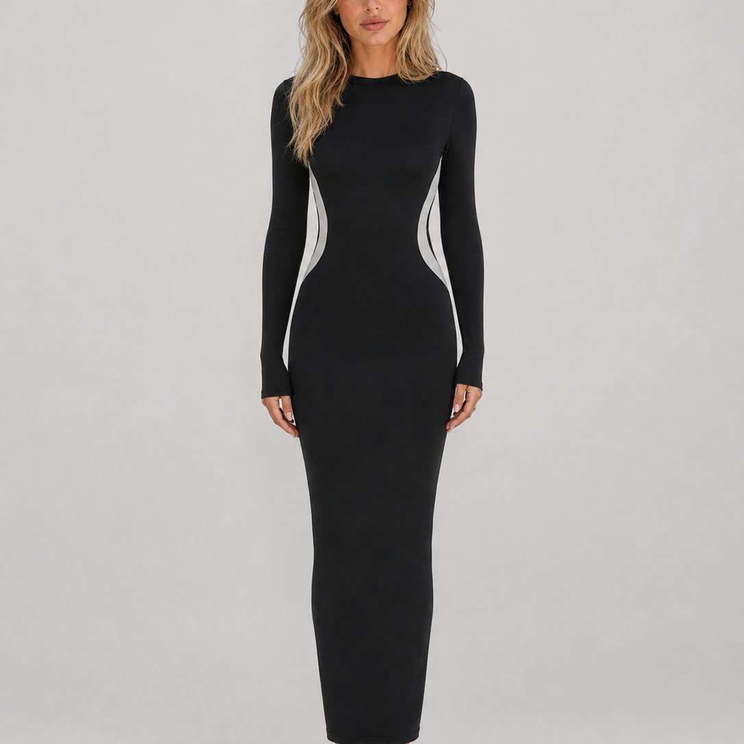 Abito Lungo Donna Nero Aderente Maniche Lunghe Cut-Out