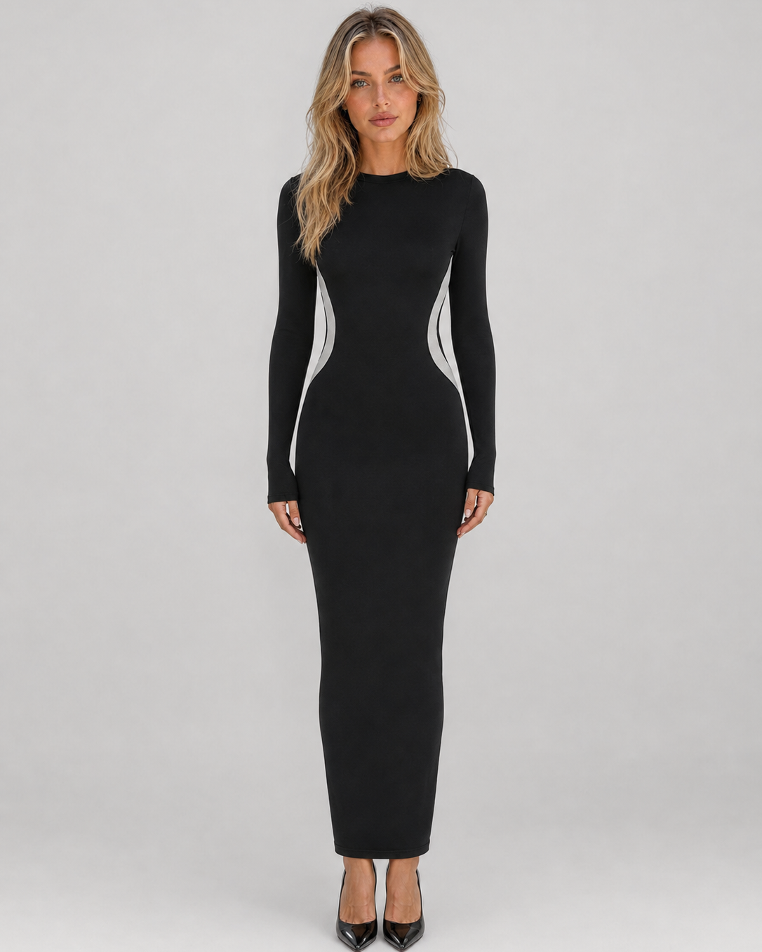 Abito Lungo Donna Nero Aderente Maniche Lunghe Cut-Out
