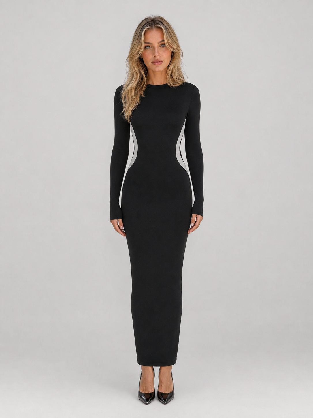 Abito Lungo Donna Nero Aderente Maniche Lunghe Cut-Out
