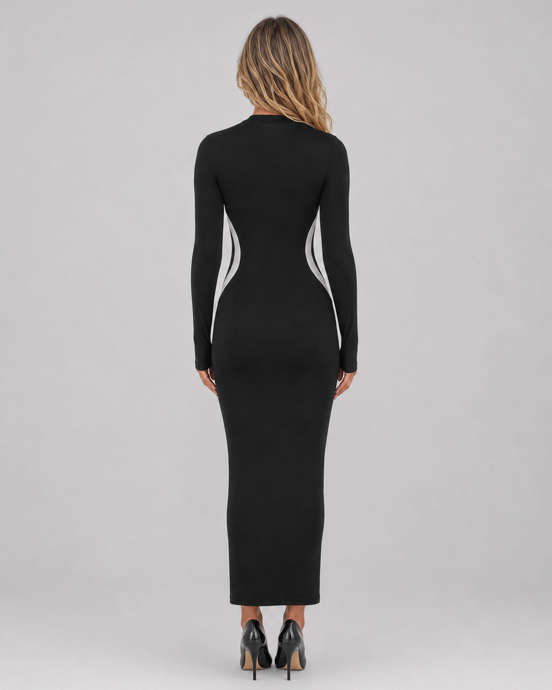 Abito Lungo Donna Nero Aderente Maniche Lunghe Cut-Out