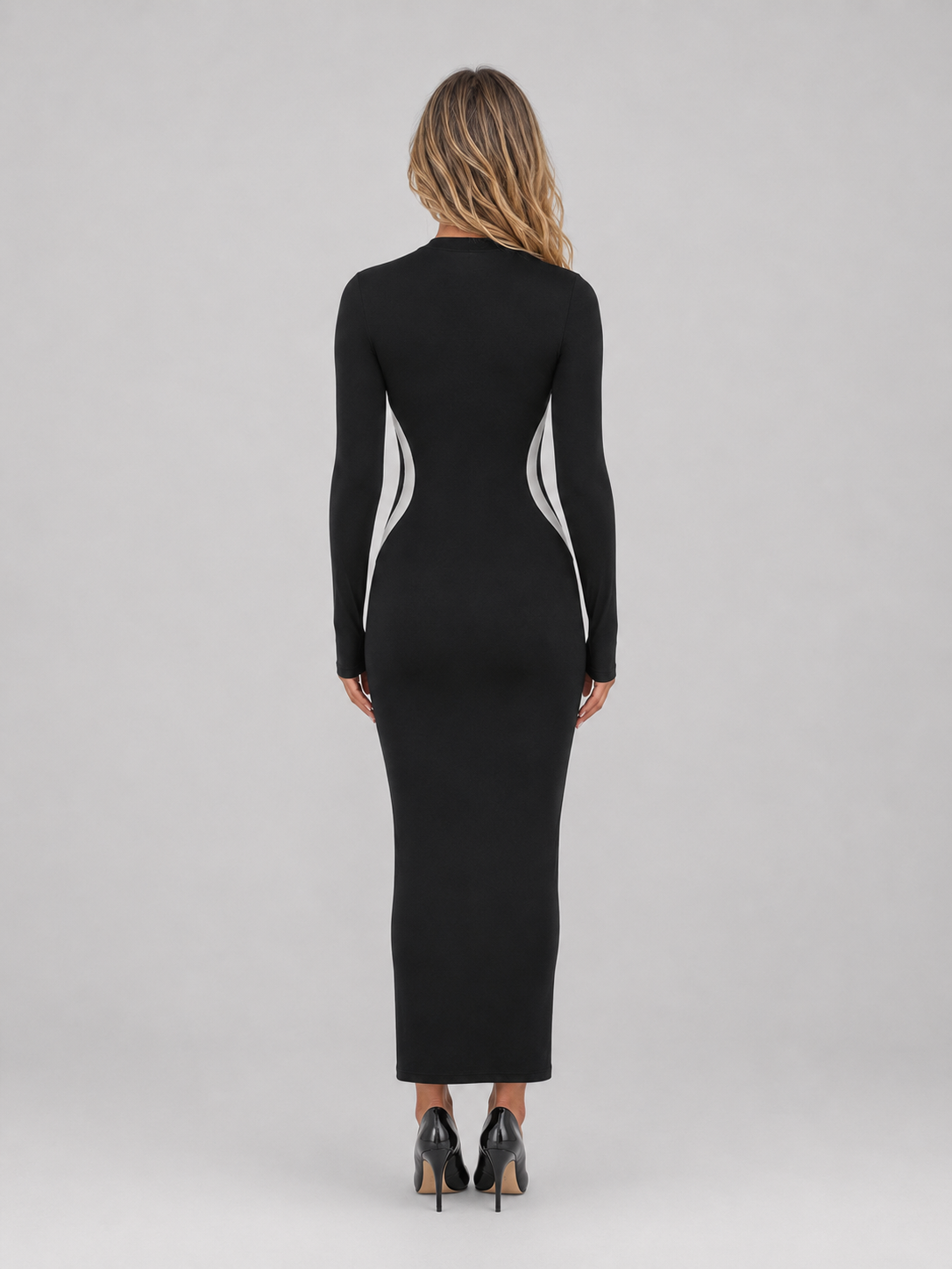 Abito Lungo Donna Nero Aderente Maniche Lunghe Cut-Out
