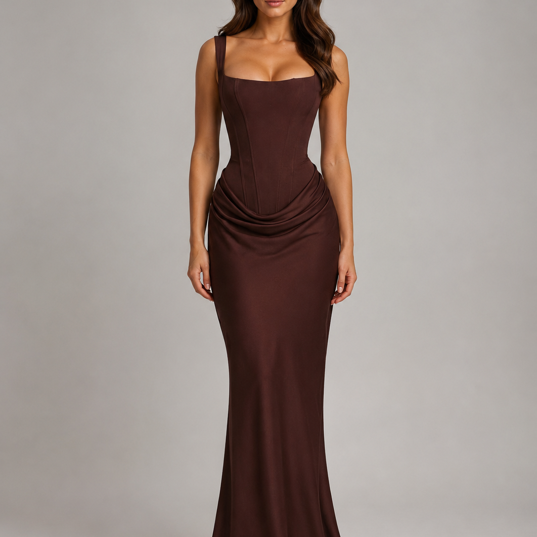 Abito Lungo Donna Elegante Aderente Scollo Quadrato Cioccolato