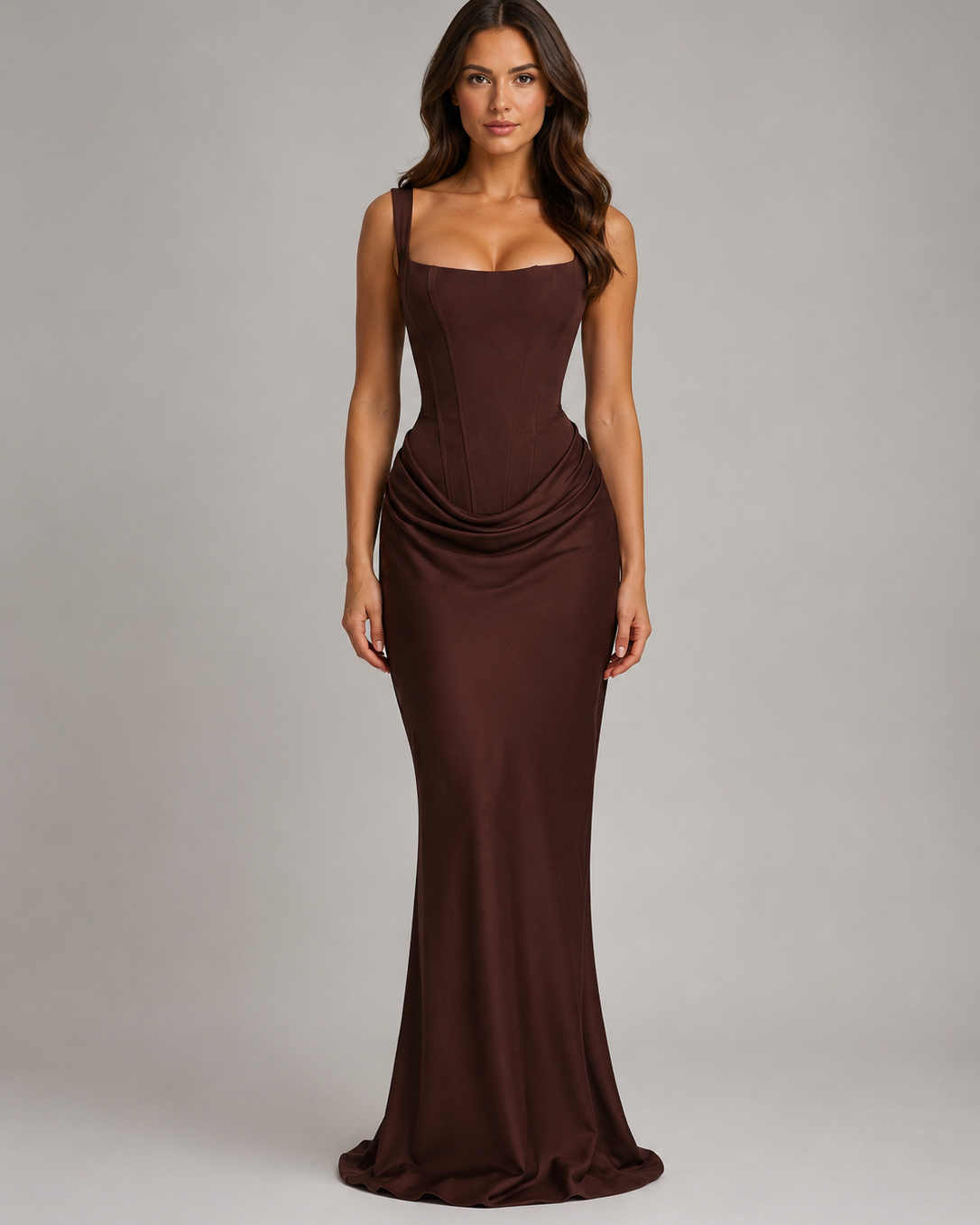 Abito Lungo Donna Elegante Aderente Scollo Quadrato Cioccolato