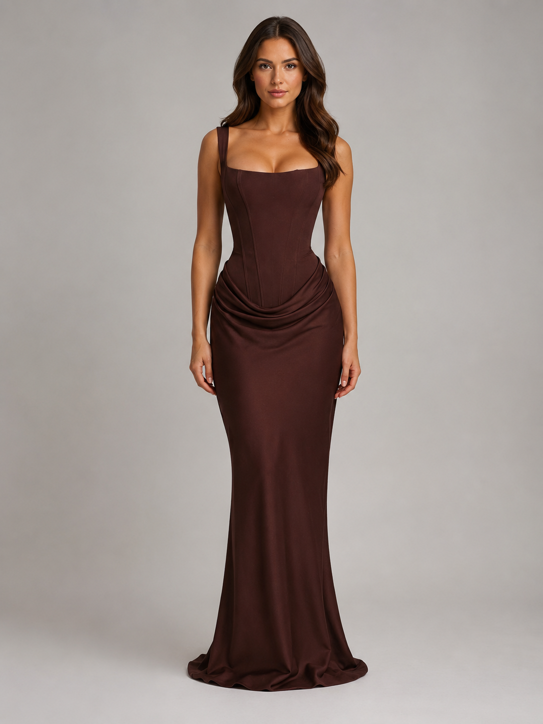 Abito Lungo Donna Elegante Aderente Scollo Quadrato Cioccolato