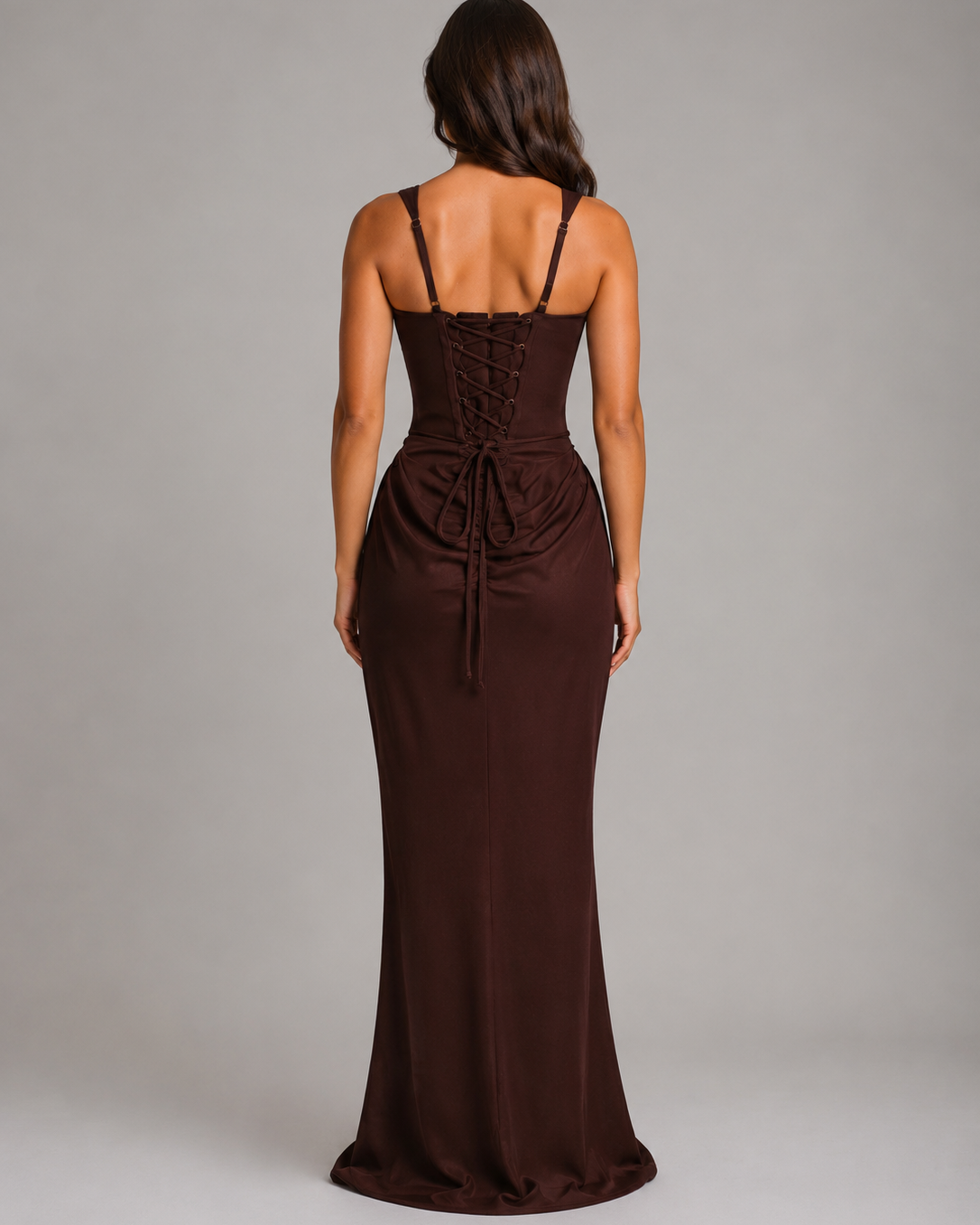 Abito Lungo Donna Elegante Aderente Scollo Quadrato Cioccolato