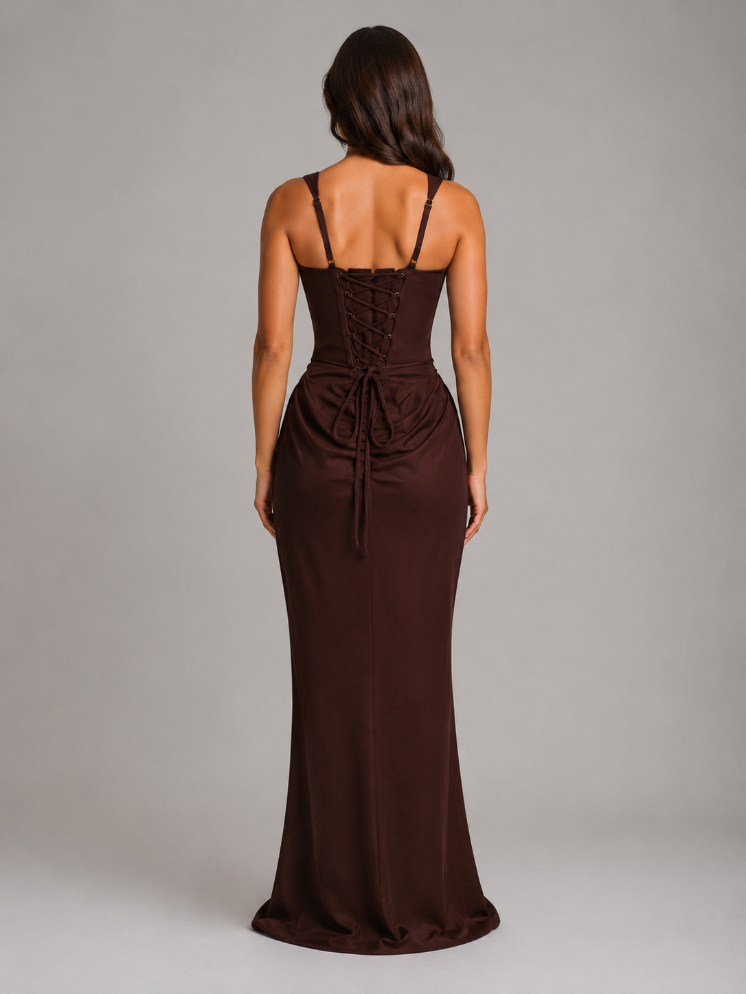 Abito Lungo Donna Elegante Aderente Scollo Quadrato Cioccolato