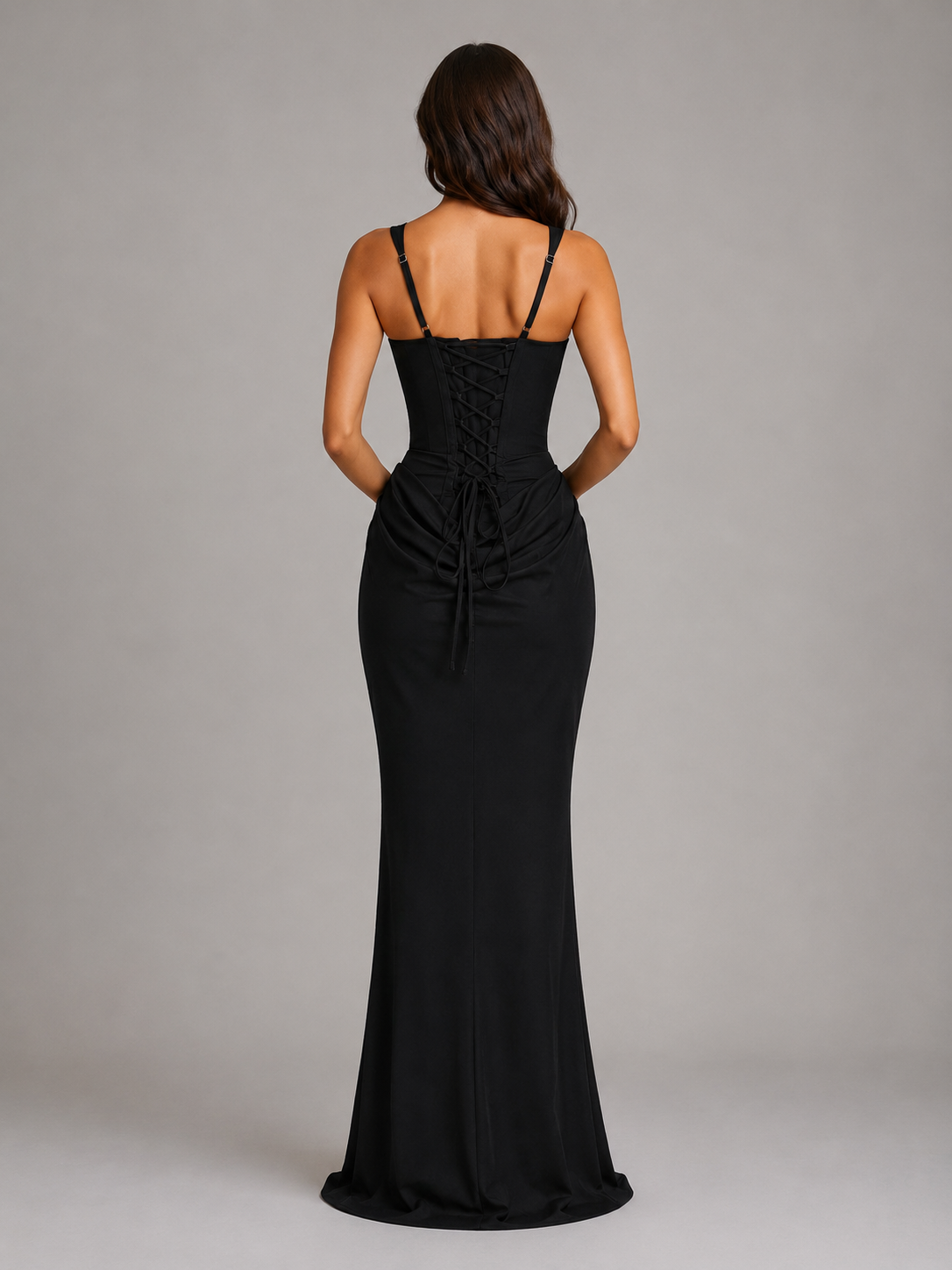 Abito Lungo Donna Elegante Aderente Scollo Quadrato Cioccolato