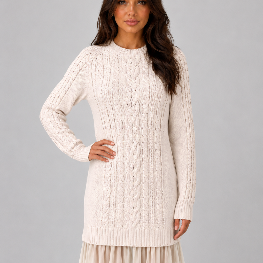 Abito Mini Donna in Maglia a Trecce Orlo Plissettato