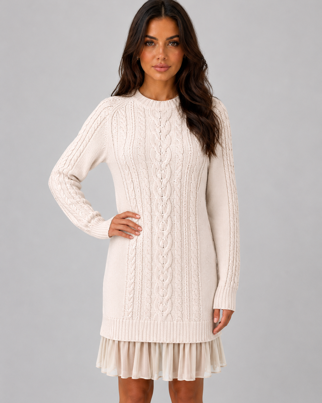 Abito Mini Donna in Maglia a Trecce Orlo Plissettato