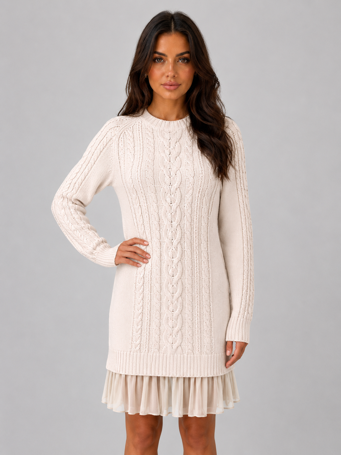 Abito Mini Donna in Maglia a Trecce Orlo Plissettato