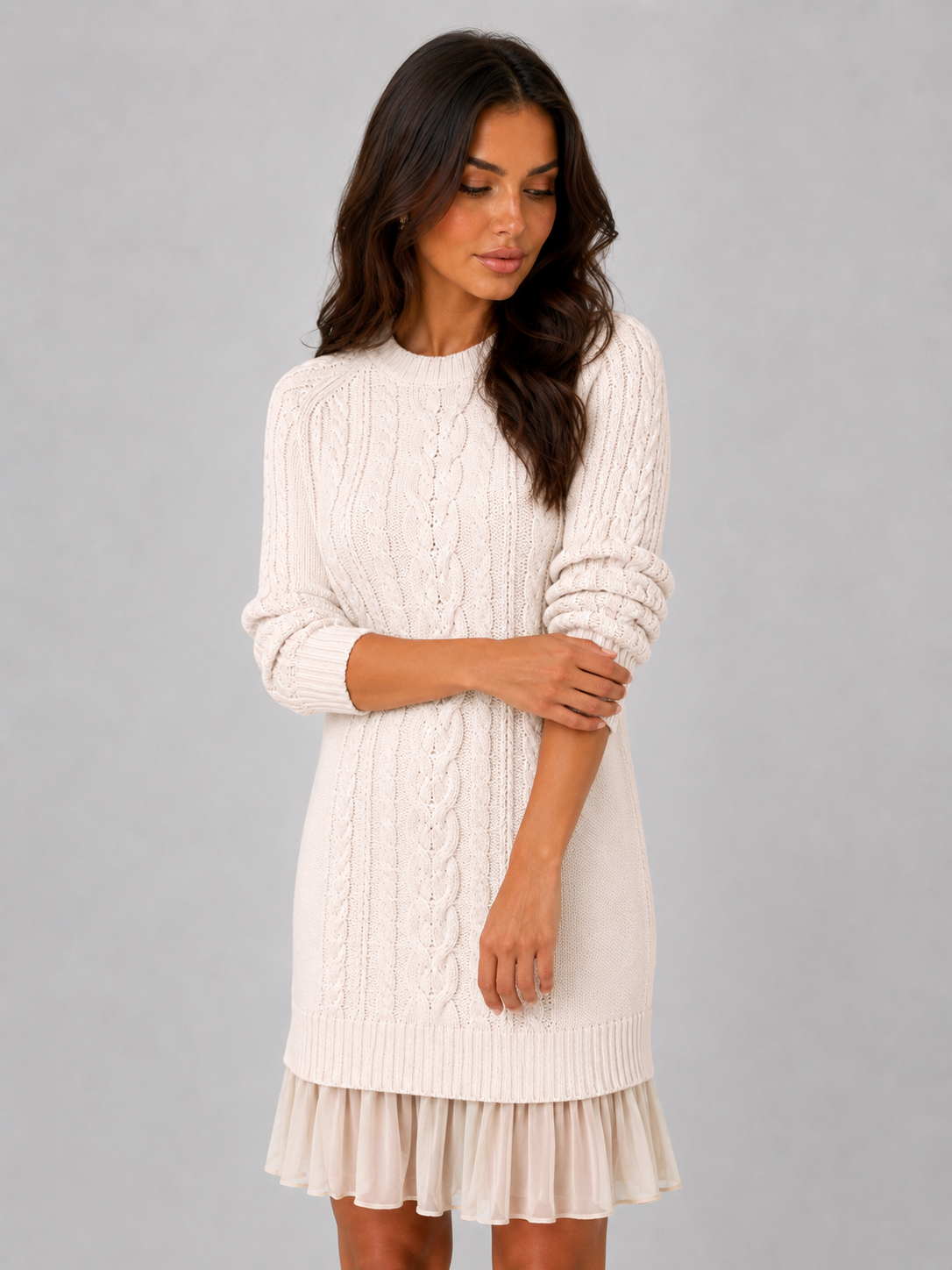 Abito Mini Donna in Maglia a Trecce Orlo Plissettato