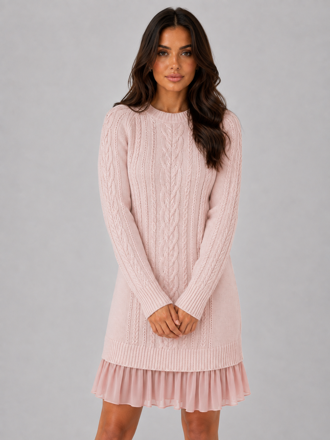 Abito Mini Donna in Maglia a Trecce Orlo Plissettato