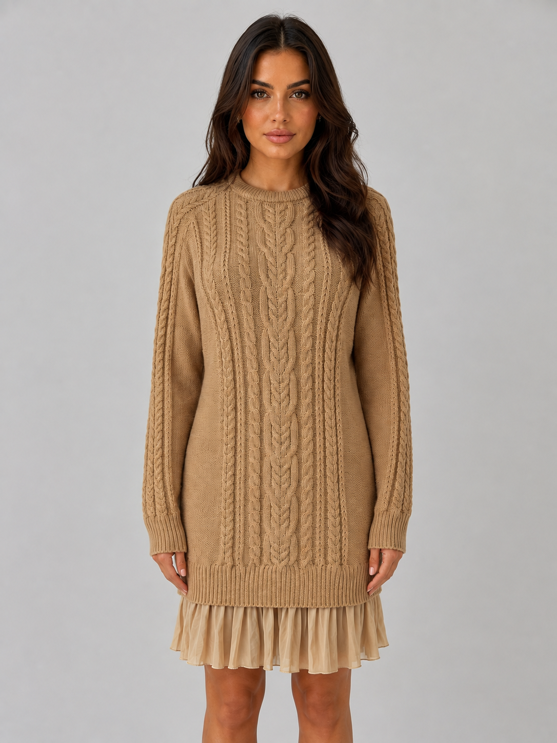 Abito Mini Donna in Maglia a Trecce Orlo Plissettato