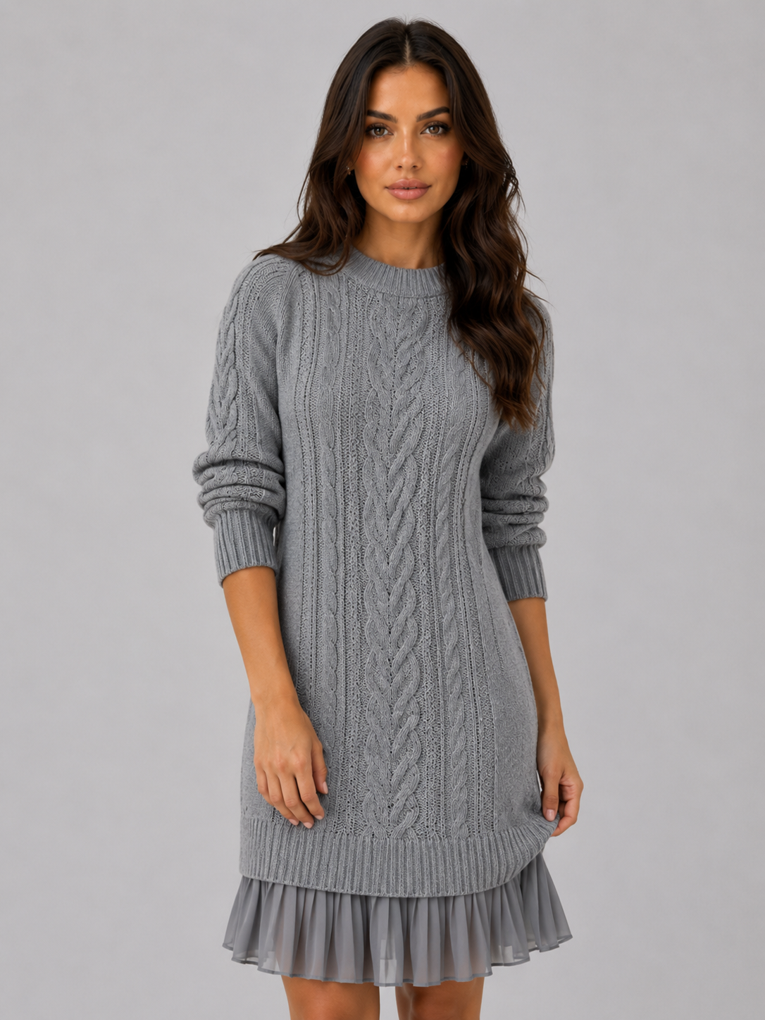 Abito Mini Donna in Maglia a Trecce Orlo Plissettato