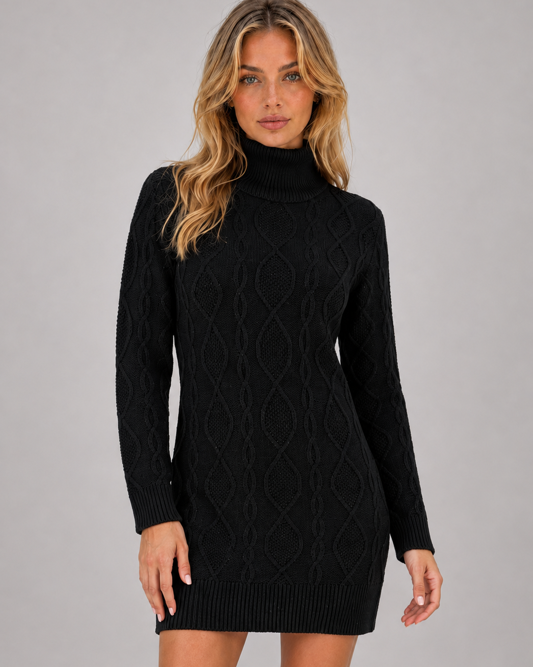 Abito Mini Donna in Maglia a Trecce Dolcevita