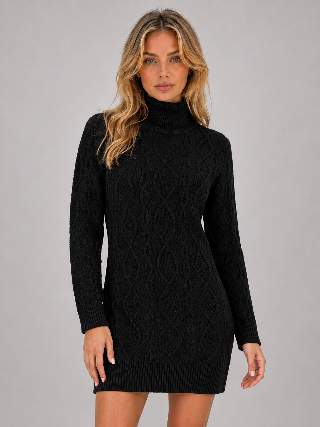 Abito Mini Donna in Maglia a Trecce Dolcevita