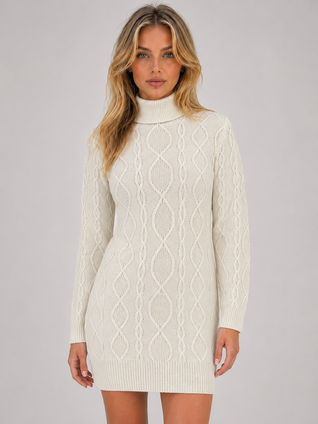 Abito Mini Donna in Maglia a Trecce Dolcevita