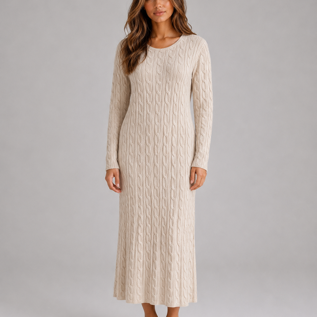Abito Lungo Donna in Maglia a Trecce Maniche Lunghe