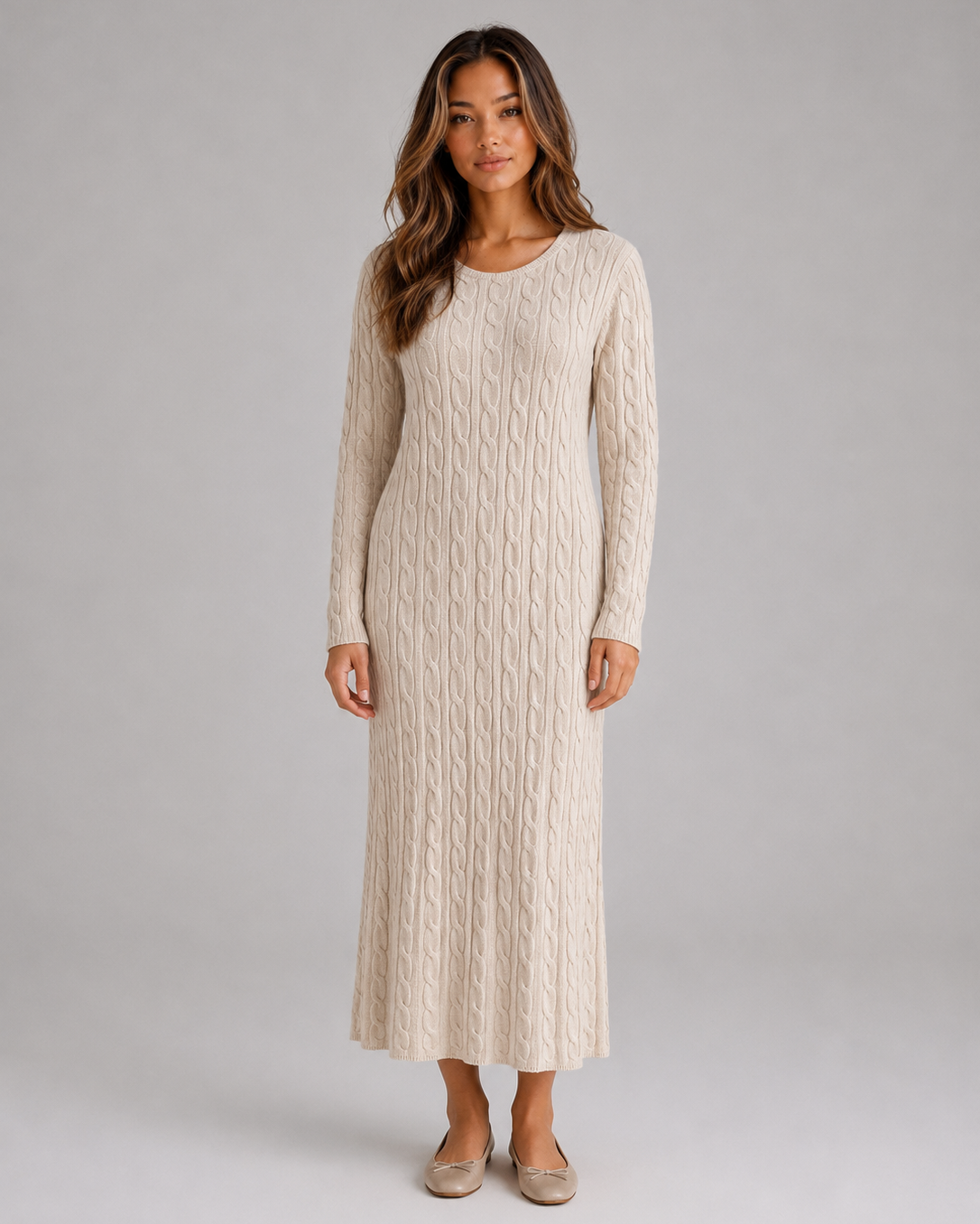 Abito Lungo Donna in Maglia a Trecce Maniche Lunghe
