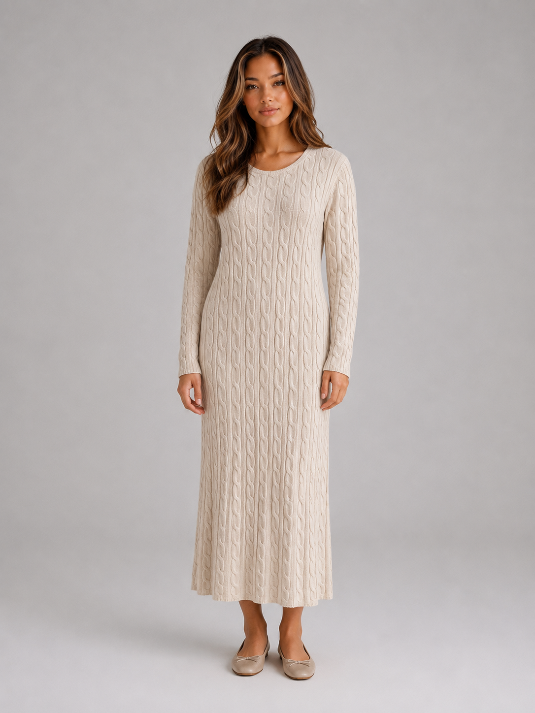 Abito Lungo Donna in Maglia a Trecce Maniche Lunghe