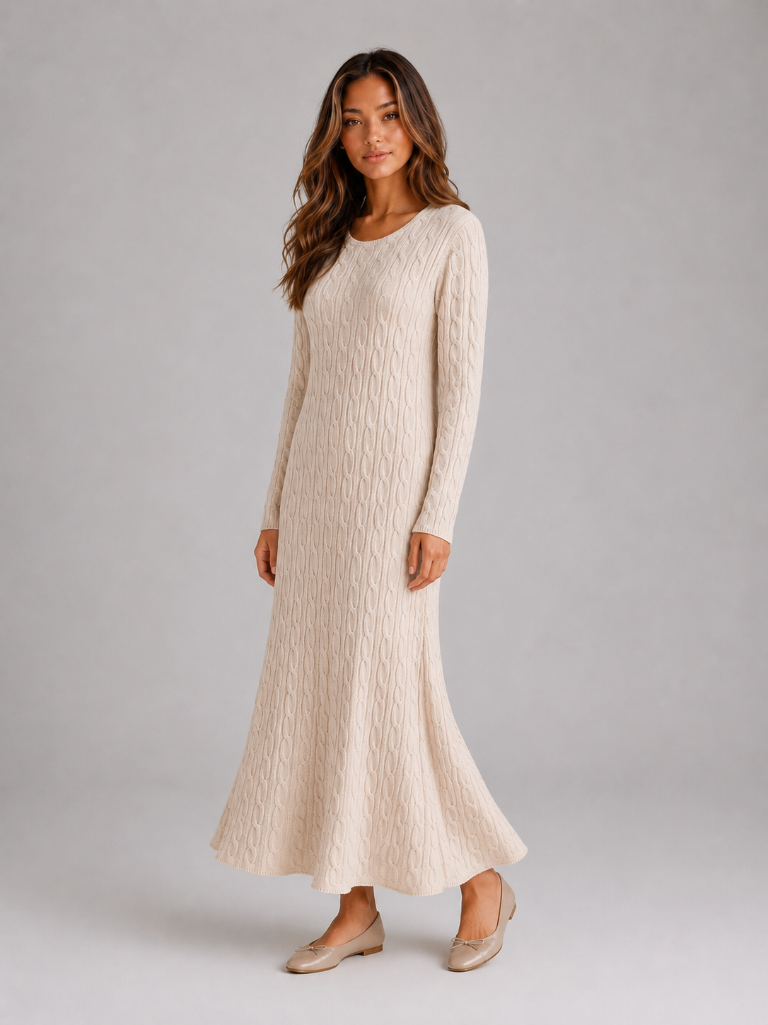 Abito Lungo Donna in Maglia a Trecce Maniche Lunghe