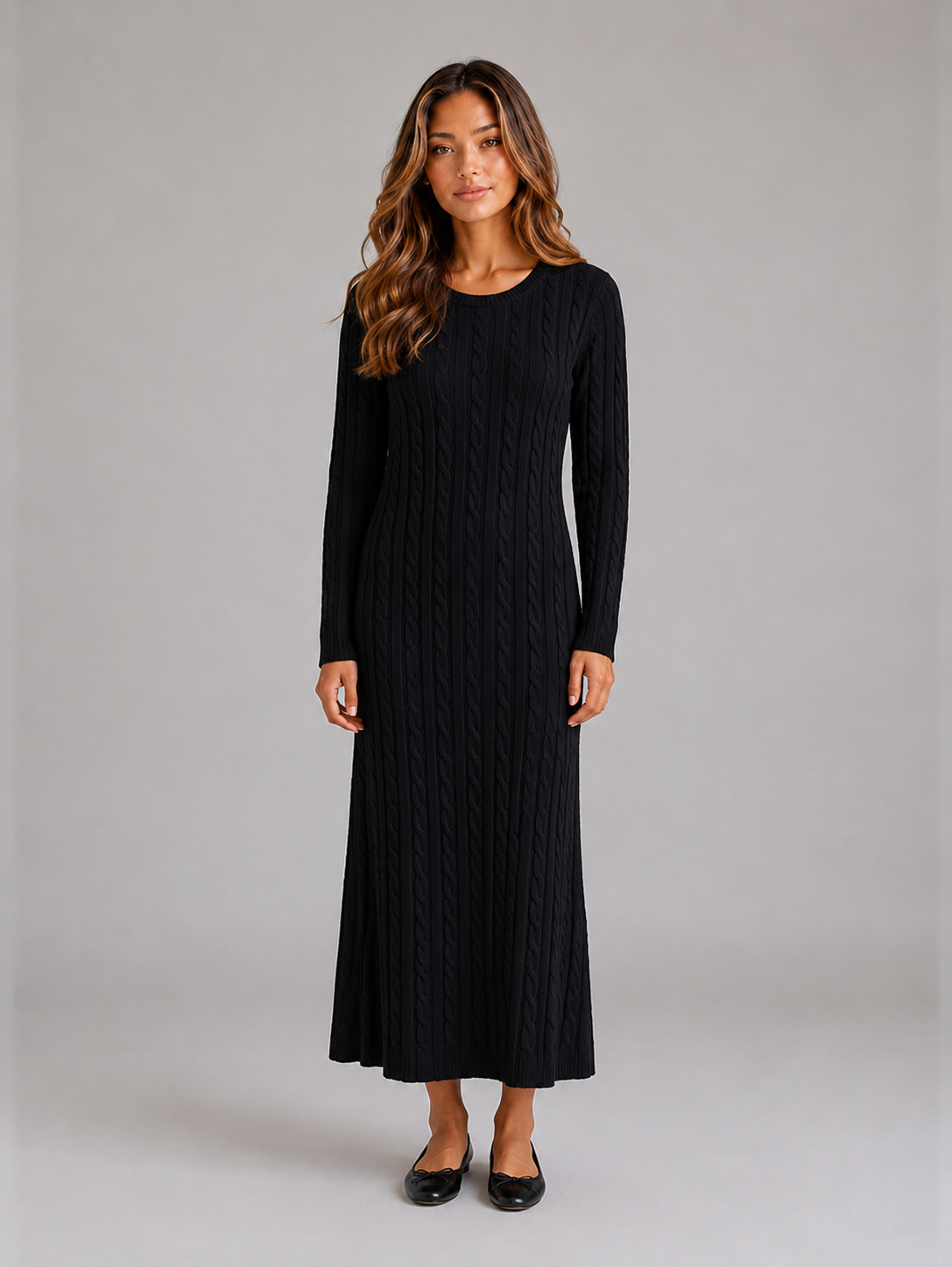 Abito Lungo Donna in Maglia a Trecce Maniche Lunghe
