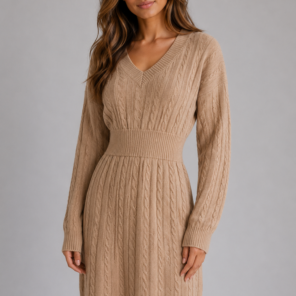 Abito Midi Donna in Maglia a Trecce Scollo a V Invernale