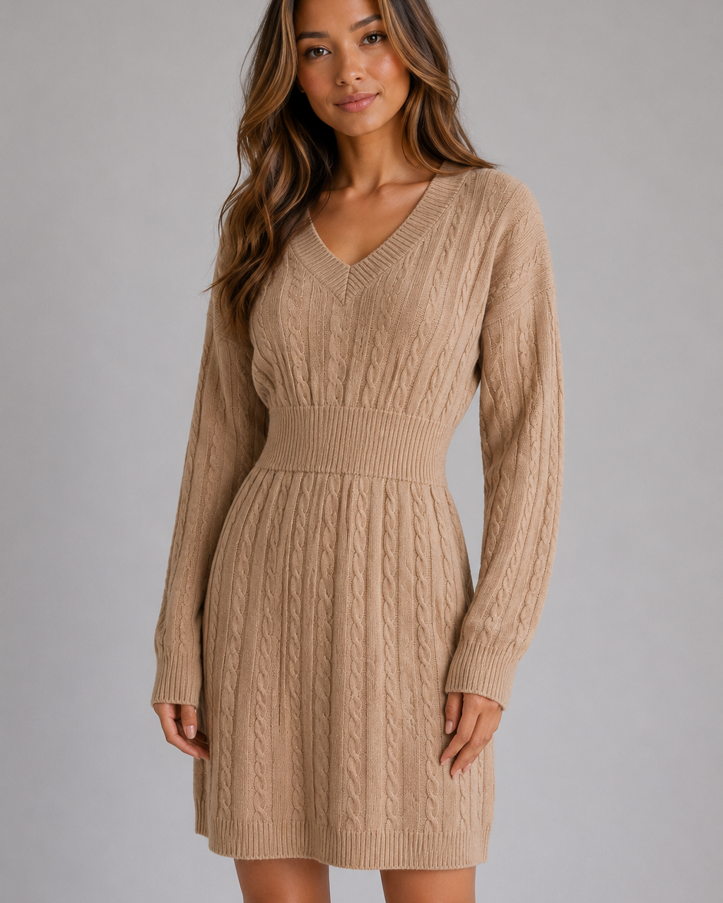 Abito Midi Donna in Maglia a Trecce Scollo a V Invernale
