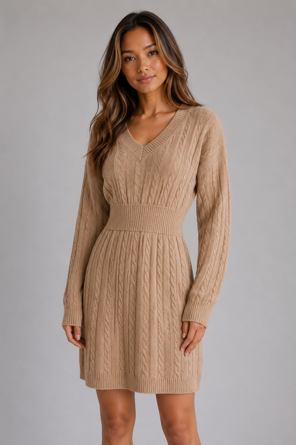 Abito Midi Donna in Maglia a Trecce Scollo a V Invernale