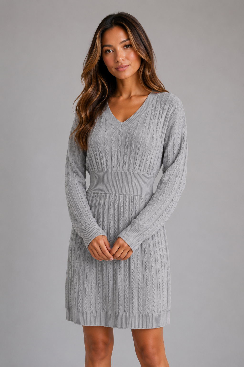 Abito Midi Donna in Maglia a Trecce Scollo a V Invernale