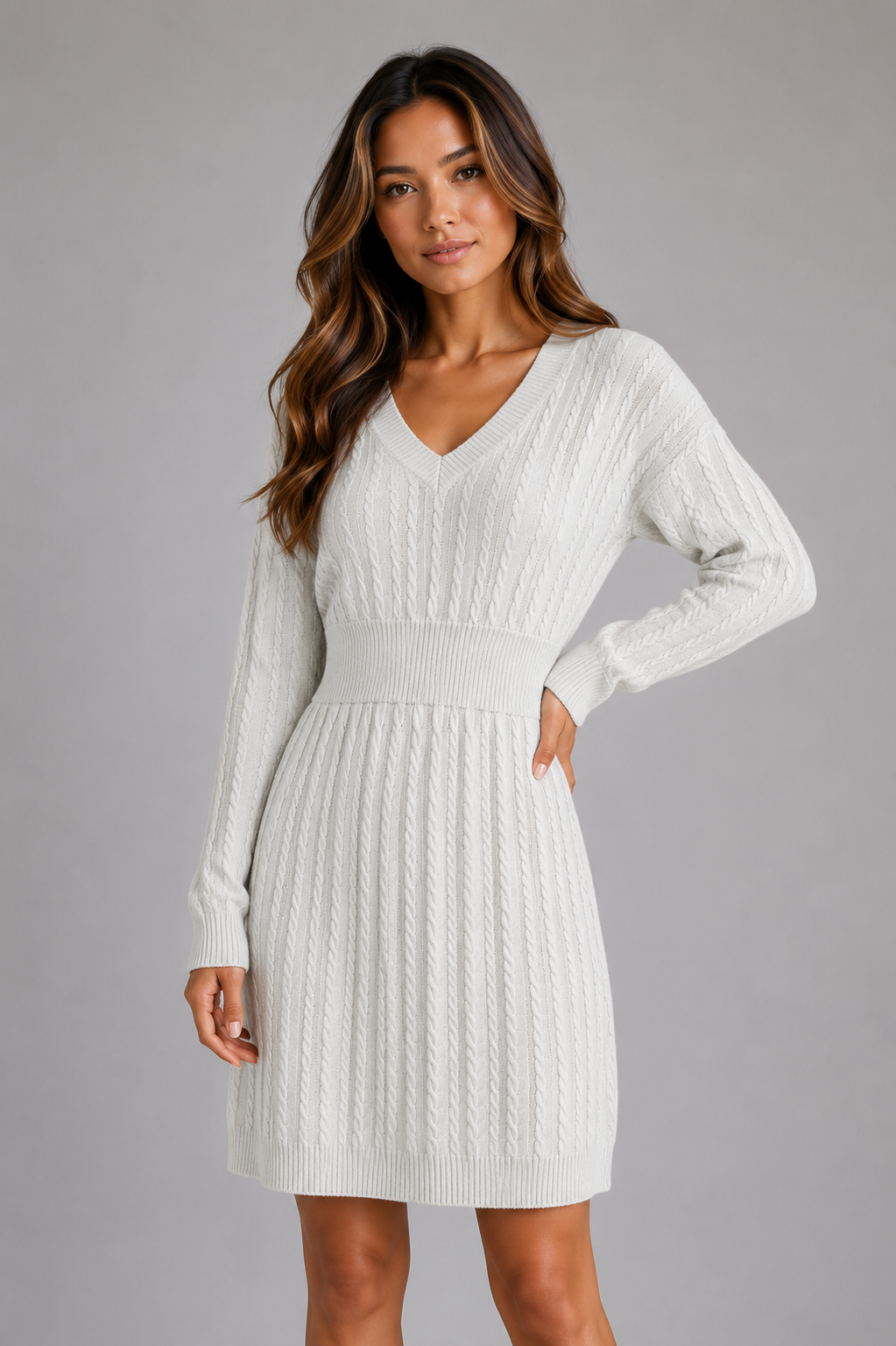 Abito Midi Donna in Maglia a Trecce Scollo a V Invernale