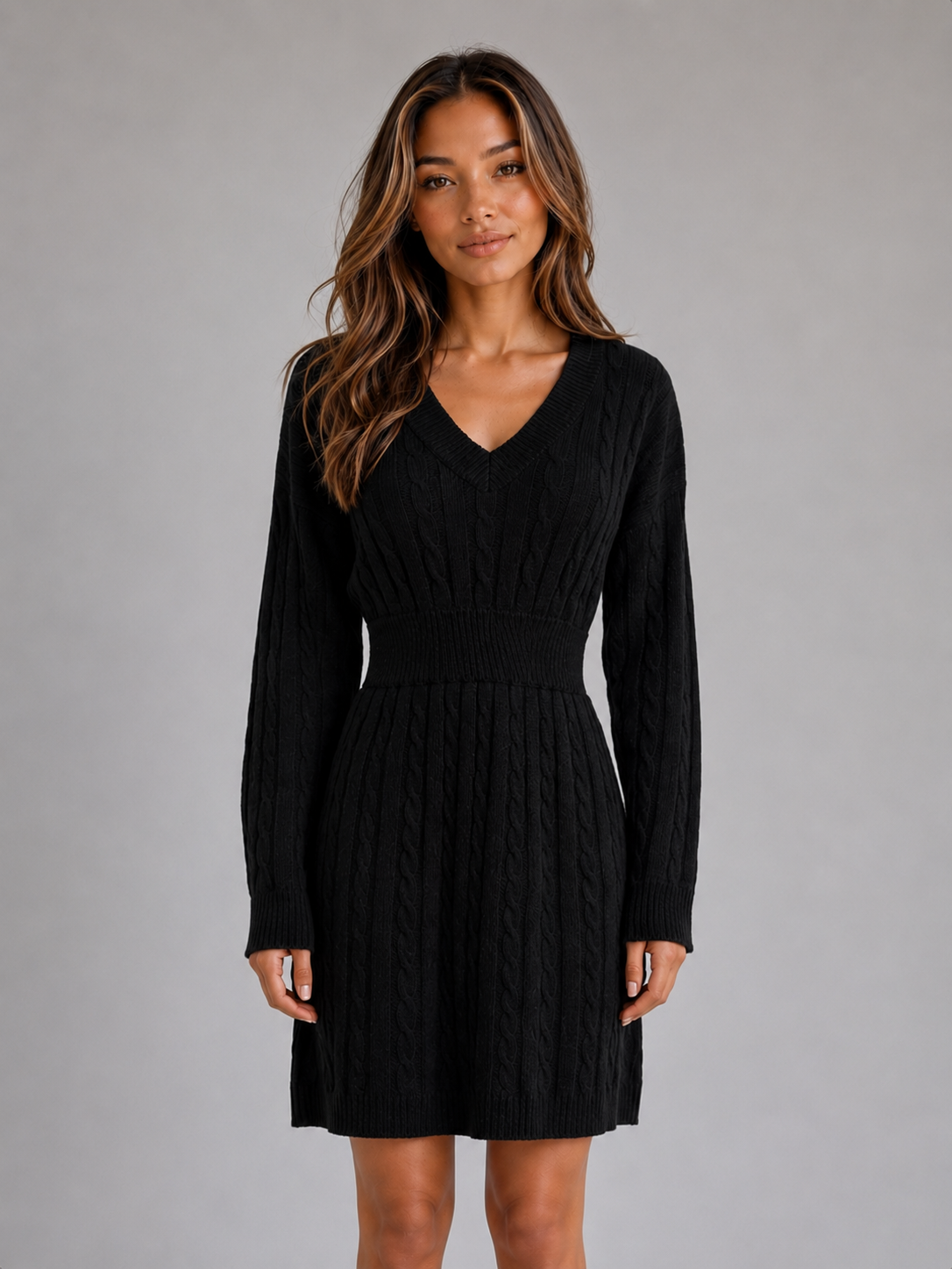 Abito Midi Donna in Maglia a Trecce Scollo a V Invernale