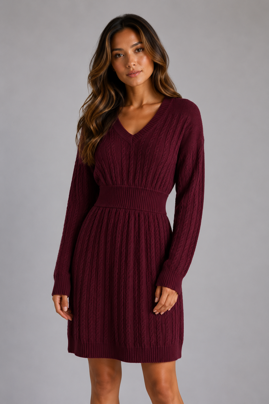 Abito Midi Donna in Maglia a Trecce Scollo a V Invernale