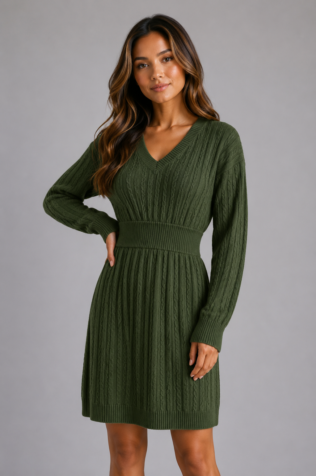 Abito Midi Donna in Maglia a Trecce Scollo a V Invernale
