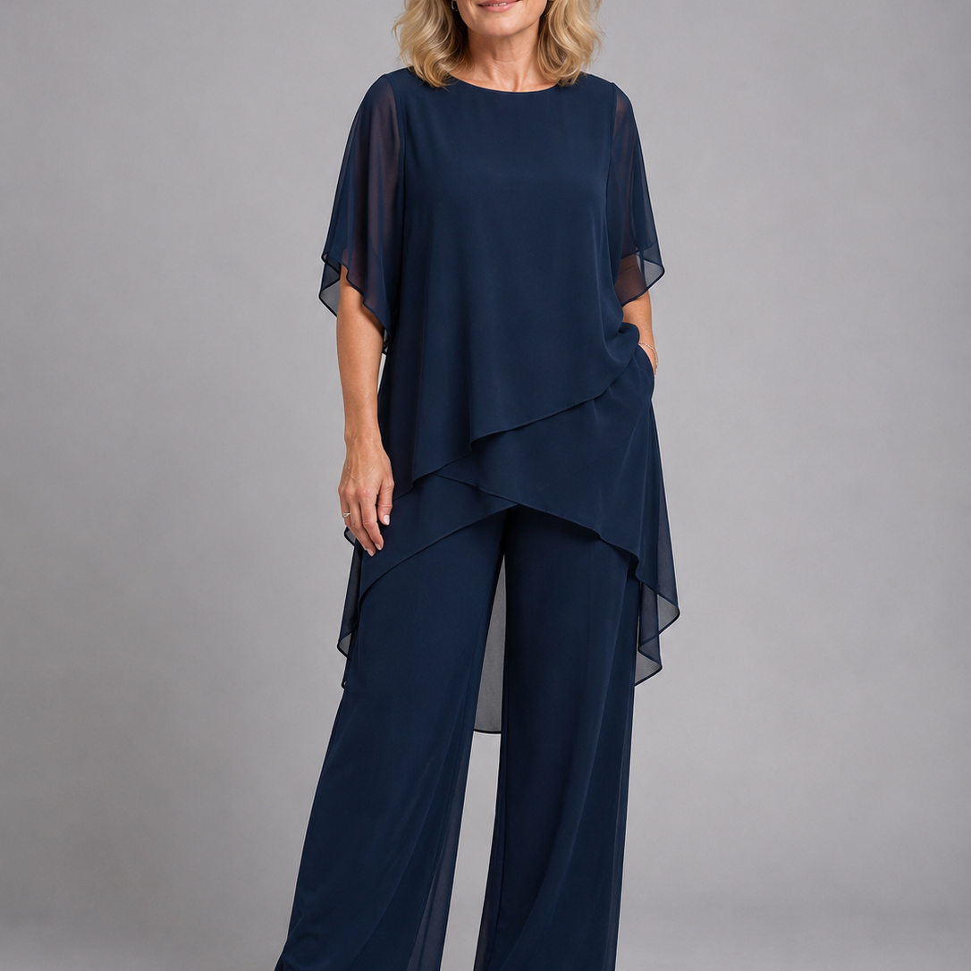 Completo Donna in Chiffon Top Asimmetrico e Pantaloni Palazzo