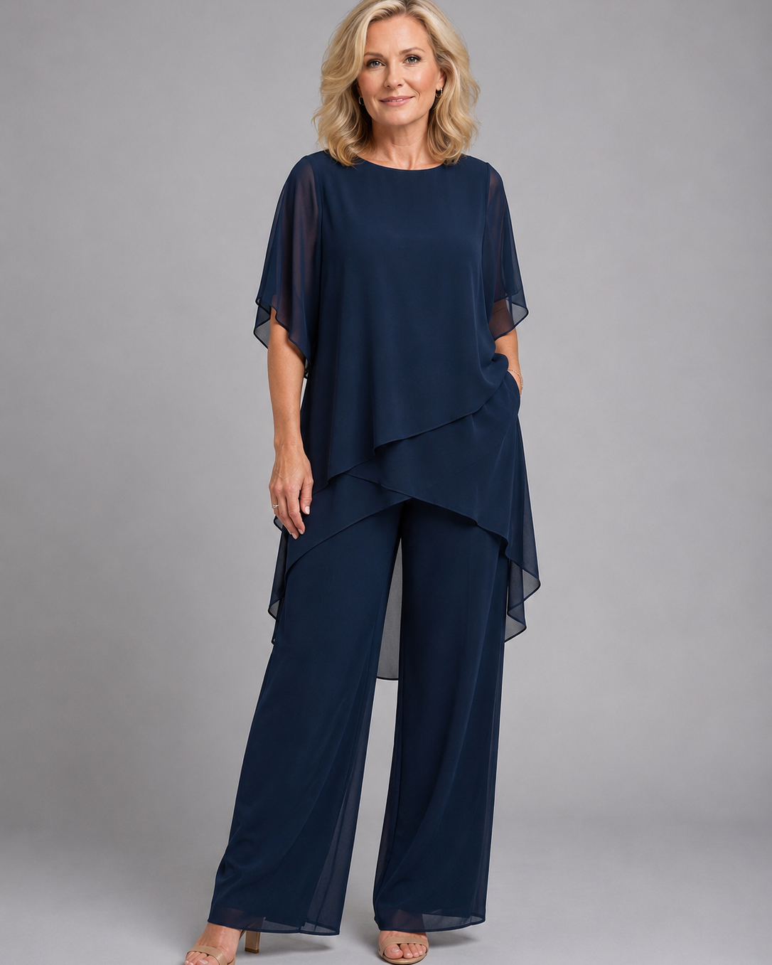 Completo Donna in Chiffon Top Asimmetrico e Pantaloni Palazzo