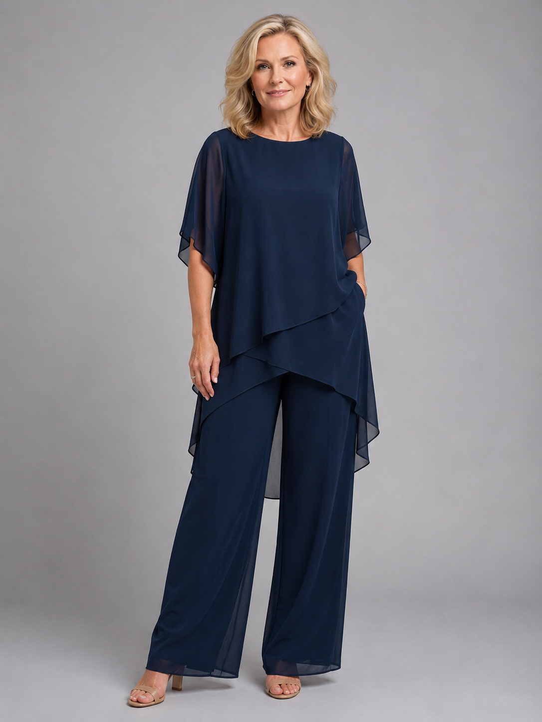 Completo Donna in Chiffon Top Asimmetrico e Pantaloni Palazzo