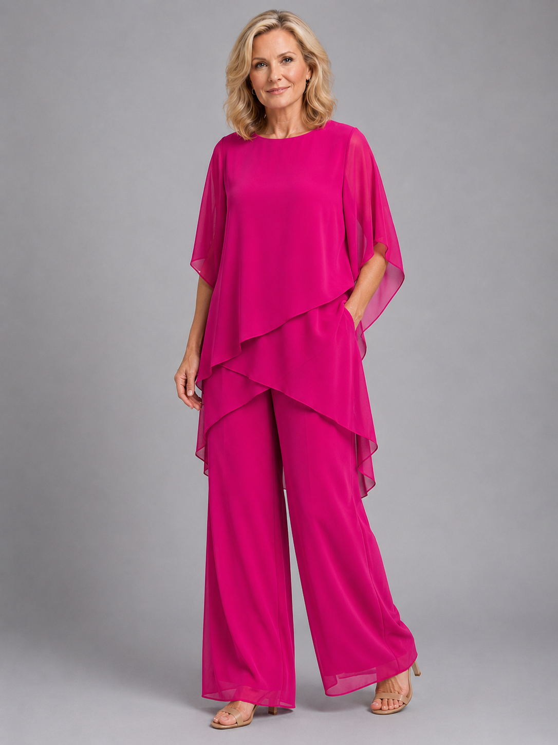 Completo Donna in Chiffon Top Asimmetrico e Pantaloni Palazzo