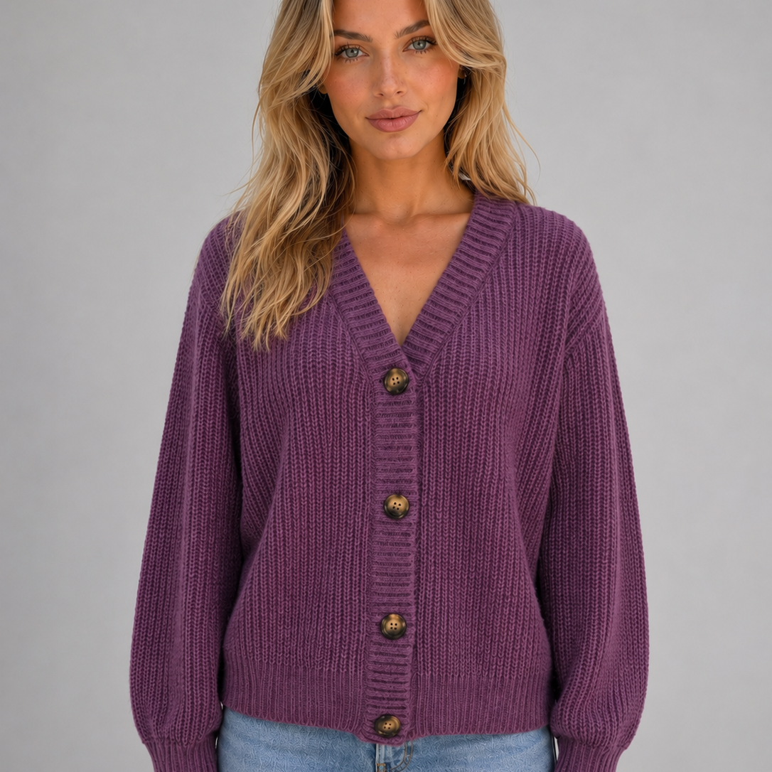 Cardigan Donna in Maglia Grossa Scollo a V Bottoni Oversize