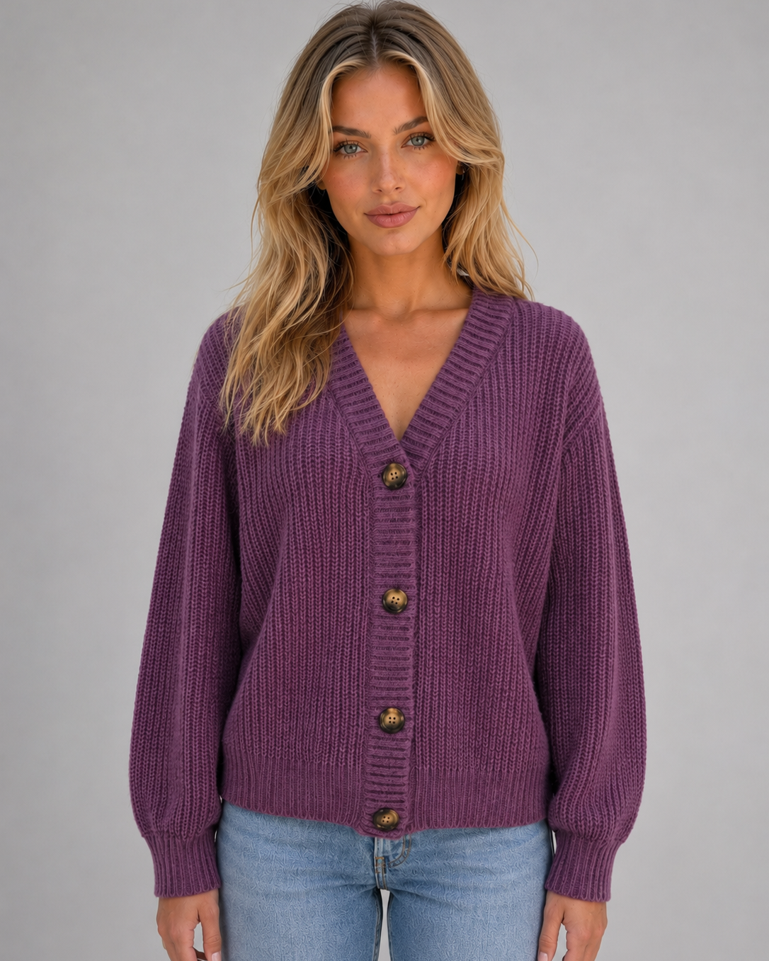 Cardigan Donna in Maglia Grossa Scollo a V Bottoni Oversize