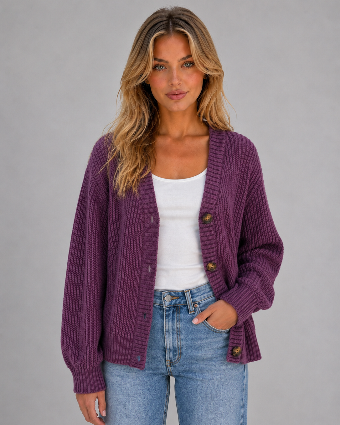 Cardigan Donna in Maglia Grossa Scollo a V Bottoni Oversize
