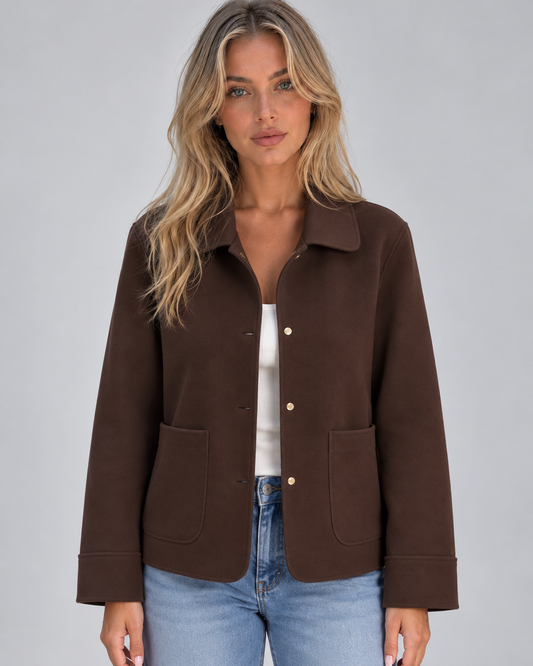 Giacca Camicia Donna con Colletto Bottoni e Tasche Applicate