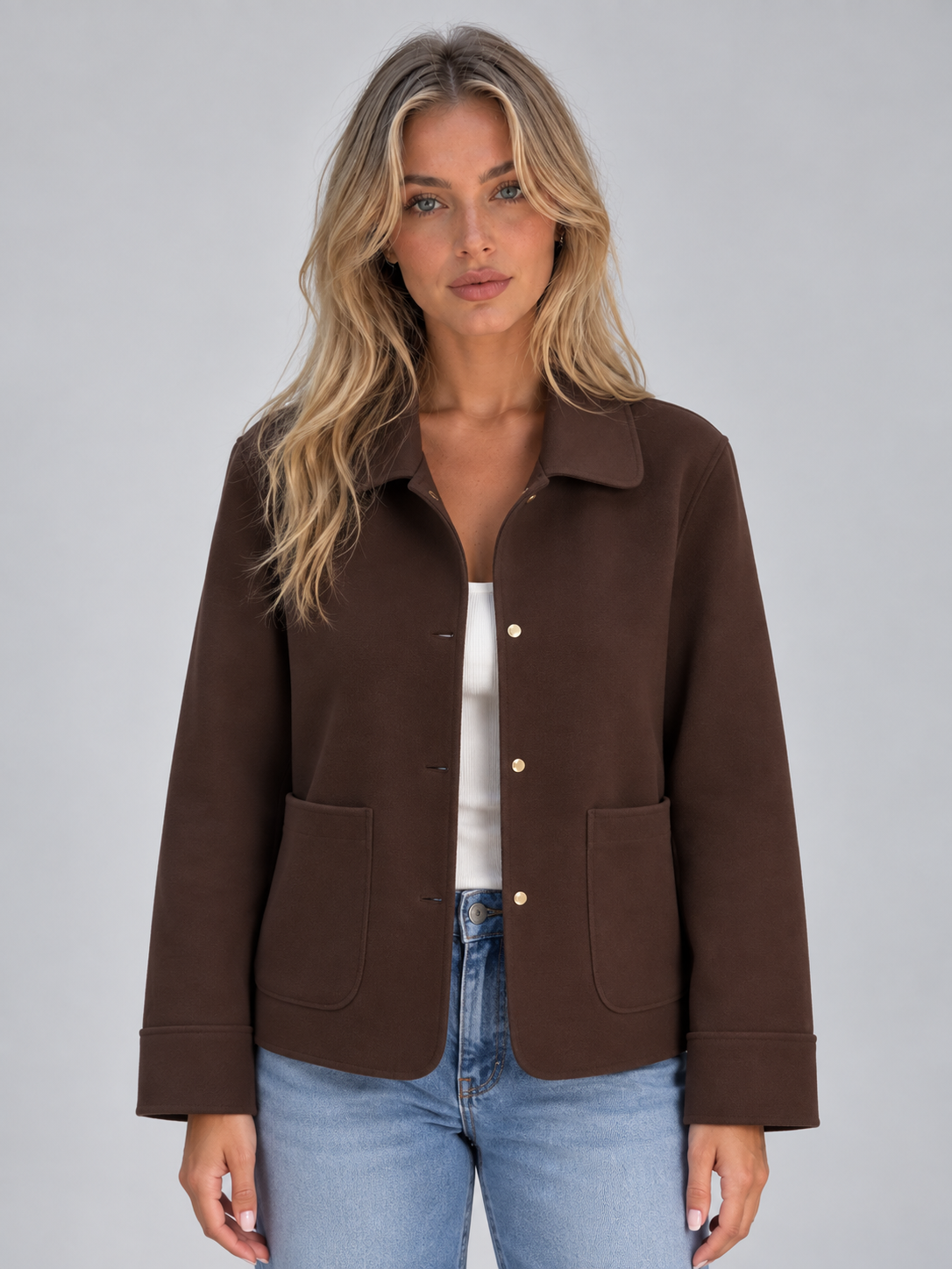 Giacca Camicia Donna con Colletto Bottoni e Tasche Applicate