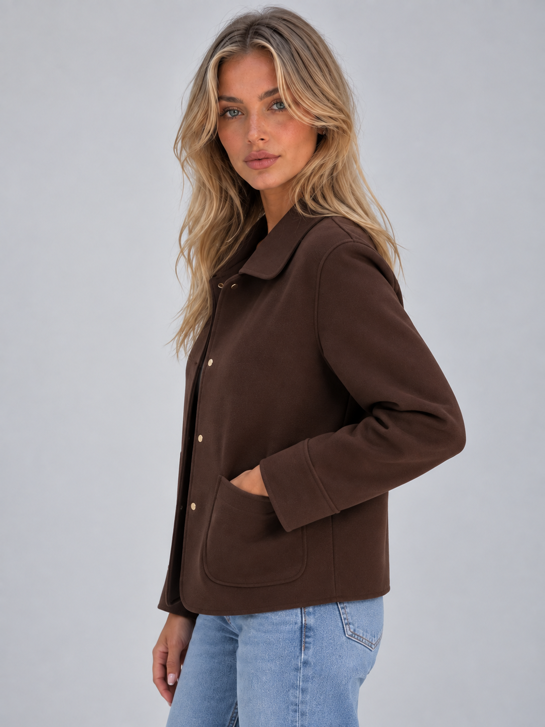 Giacca Camicia Donna con Colletto Bottoni e Tasche Applicate