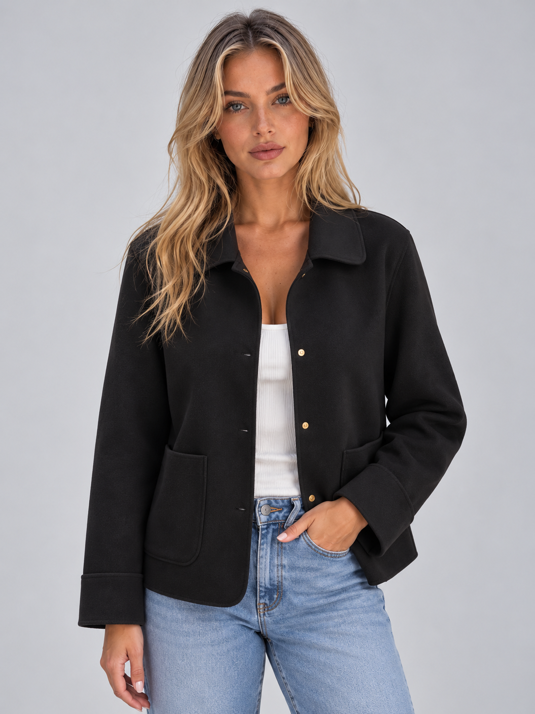 Giacca Camicia Donna con Colletto Bottoni e Tasche Applicate