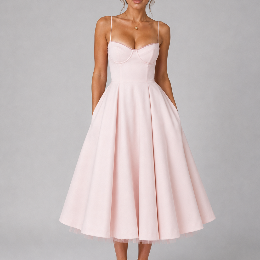 Abito Midi Donna Corsetto Gonna Ampia Cerimonia Elegante