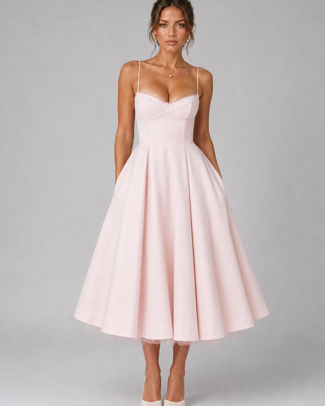 Abito Midi Donna Corsetto Gonna Ampia Cerimonia Elegante