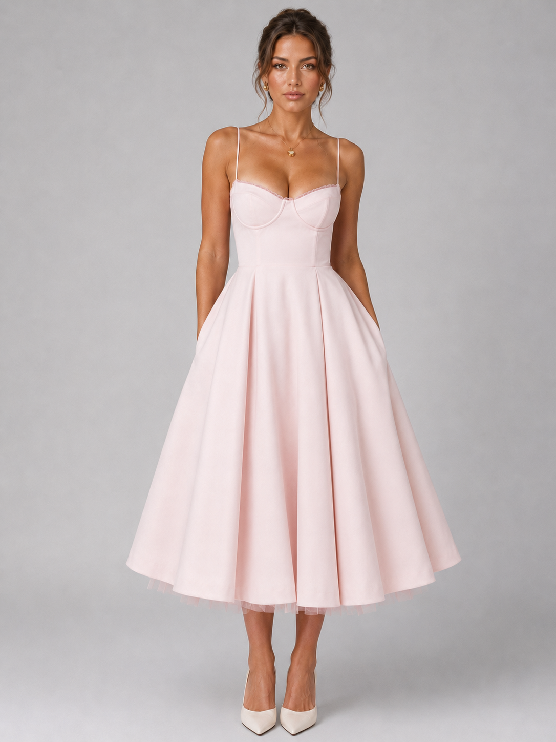 Abito Midi Donna Corsetto Gonna Ampia Cerimonia Elegante