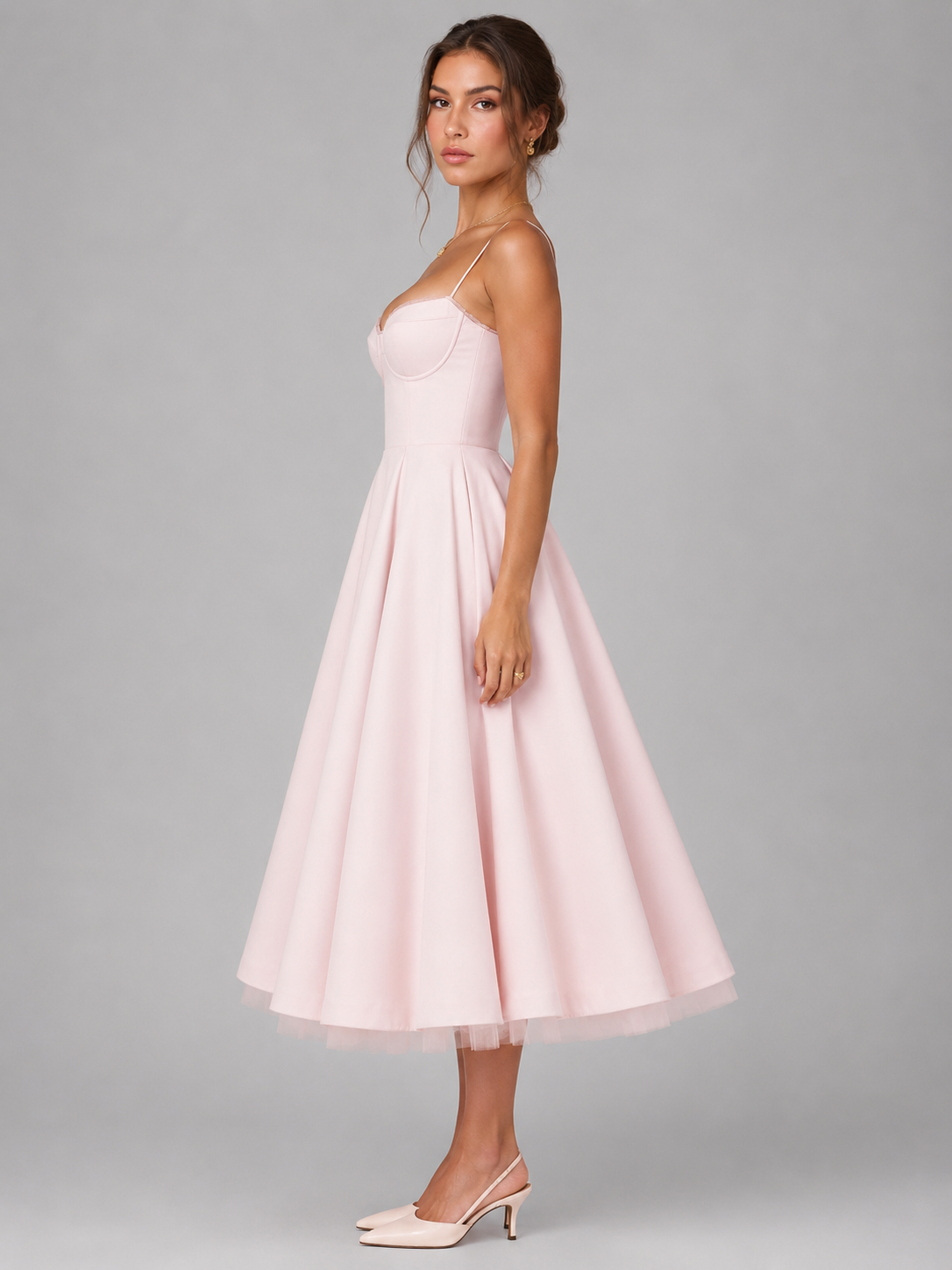 Abito Midi Donna Corsetto Gonna Ampia Scollo a Cuore Cerimonia