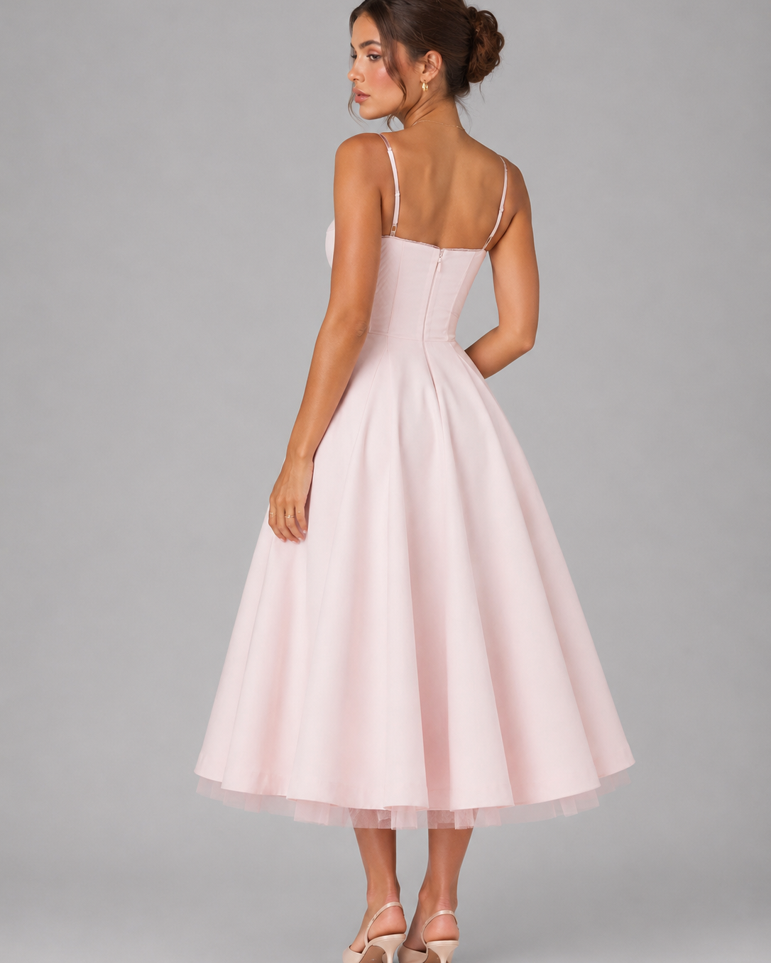 Abito Midi Donna Corsetto Gonna Ampia Scollo a Cuore Cerimonia